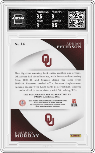 DeMarco Murray/Adrian Peterson  from the 2015 Panini Immaculate Collegiate set graded by Arena Club and given an overall grade of 8.5.