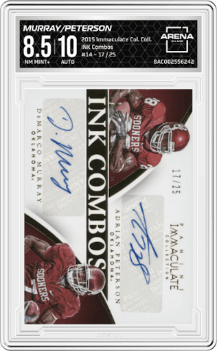 DeMarco Murray/Adrian Peterson  from the 2015 Panini Immaculate Collegiate set graded by Arena Club and given an overall grade of 8.5.