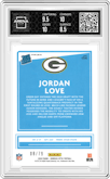Jordan Love from the 2020 Panini Donruss Optic set featuring a Orange Scope parallel graded by Arena Club and given an overall grade of 9.