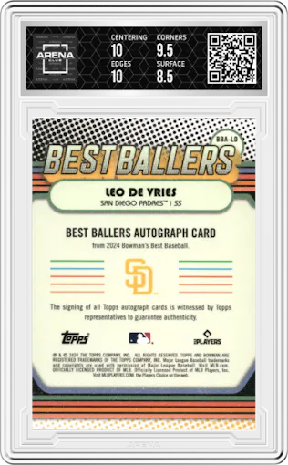 Leo De Vries from the 2024 Bowman's Best set featuring a Lava Refractor parallel graded by Arena Club and given an overall grade of 9.