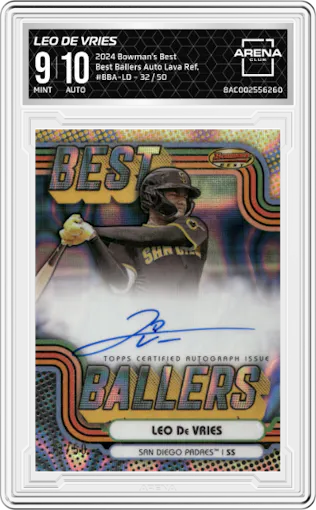 Leo De Vries from the 2024 Bowman's Best set featuring a Lava Refractor parallel graded by Arena Club and given an overall grade of 9.
