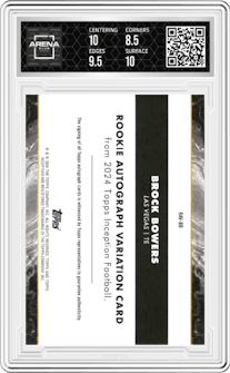 Brock Bowers from the 2024 Topps Inception set featuring a Purple parallel graded by Arena Club and given an overall grade of 9.