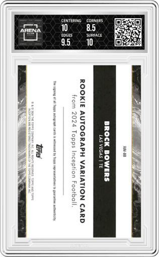 Brock Bowers from the 2024 Topps Inception set featuring a Purple parallel graded by Arena Club and given an overall grade of 9.