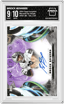 Brock Bowers from the 2024 Topps Inception set featuring a Purple parallel graded by Arena Club and given an overall grade of 9.