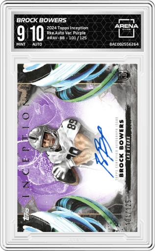 Brock Bowers from the 2024 Topps Inception set featuring a Purple parallel graded by Arena Club and given an overall grade of 9.