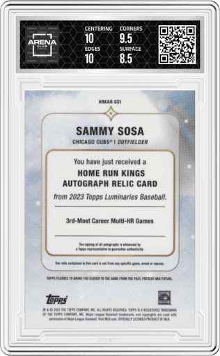 Sammy Sosa from the 2023 Topps Luminaries set featuring a Purple parallel graded by Arena Club and given an overall grade of 9.