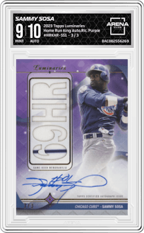 Sammy Sosa from the 2023 Topps Luminaries set featuring a Purple parallel graded by Arena Club and given an overall grade of 9.