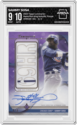 Sammy Sosa from the 2023 Topps Luminaries set featuring a Purple parallel graded by Arena Club and given an overall grade of 9.