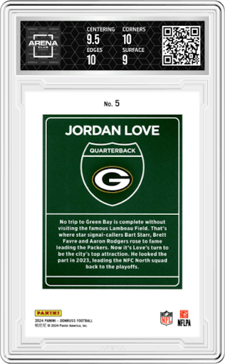 Jordan Love from the 2024 Donruss set graded by Arena Club and given an overall grade of 9.5.