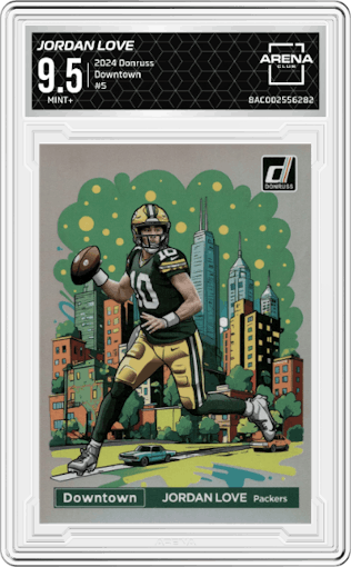 Jordan Love from the 2024 Donruss set graded by Arena Club and given an overall grade of 9.5.