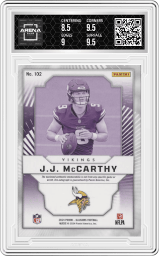 J.J. McCarthy from the 2024 Panini Illusions set graded by Arena Club and given an overall grade of 9.