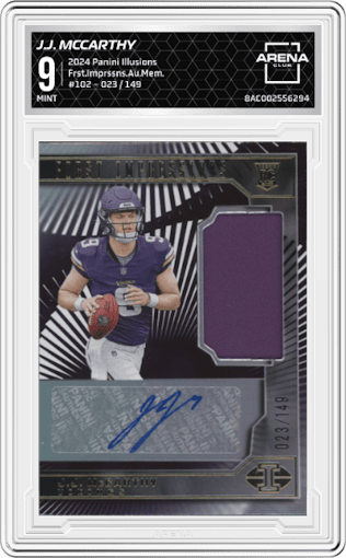 J.J. McCarthy from the 2024 Panini Illusions set graded by Arena Club and given an overall grade of 9.