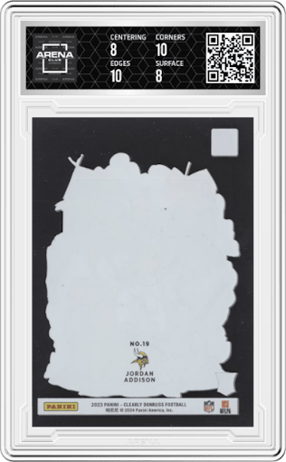 Jordan Addison from the 2023 Clearly Donruss set graded by Arena Club and given an overall grade of 8.5.