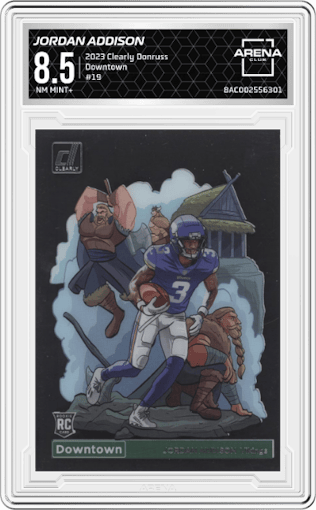 Jordan Addison from the 2023 Clearly Donruss set graded by Arena Club and given an overall grade of 8.5.