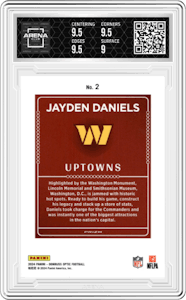 Jayden Daniels from the 2024 Donruss Optic set graded by Arena Club and given an overall grade of 9.5.
