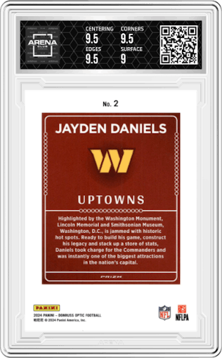 Jayden Daniels from the 2024 Donruss Optic set graded by Arena Club and given an overall grade of 9.5.