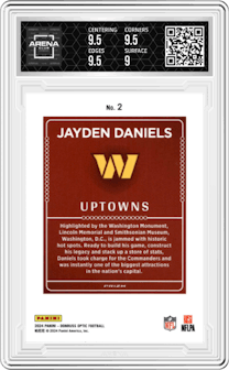 Jayden Daniels from the 2024 Donruss Optic set graded by Arena Club and given an overall grade of 9.5.