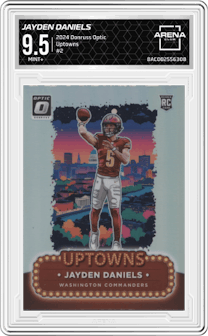 Jayden Daniels from the 2024 Donruss Optic set graded by Arena Club and given an overall grade of 9.5.
