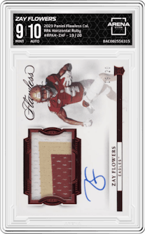 Zay Flowers from the 2023 Panini Flawless Collegiate set featuring a Ruby parallel graded by Arena Club and given an overall grade of 9.