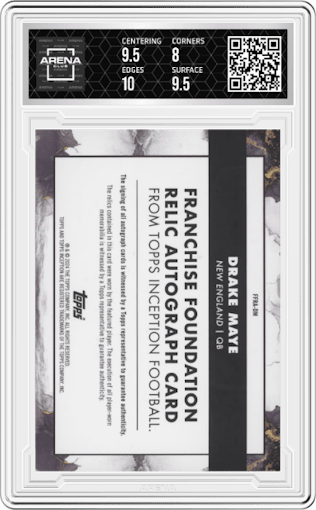 Drake Maye from the 2024 Topps Inception set graded by Arena Club and given an overall grade of 8.5.