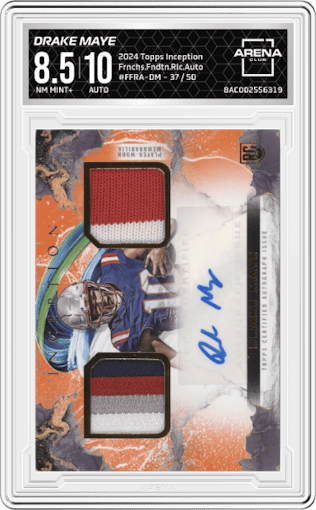 Drake Maye from the 2024 Topps Inception set graded by Arena Club and given an overall grade of 8.5.