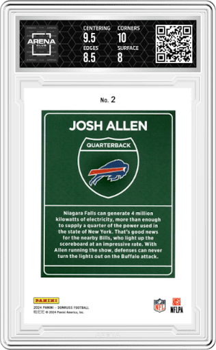 Josh Allen from the 2024 Donruss set graded by Arena Club and given an overall grade of 8.5.