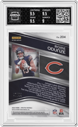 Rome Odunze from the 2024 Panini Spectra set graded by Arena Club and given an overall grade of 9.5.