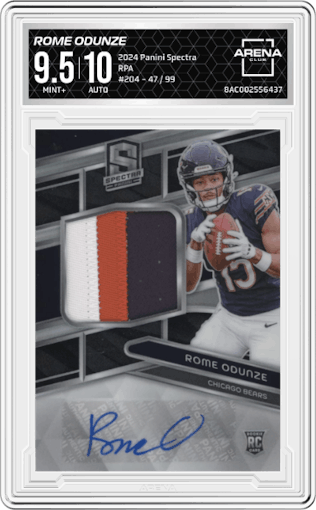 Rome Odunze from the 2024 Panini Spectra set graded by Arena Club and given an overall grade of 9.5.
