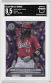 Elly De La Cruz	 from the 2025 Topps Tribute set featuring a Purple parallel graded by Arena Club and given an overall grade of 9.5.