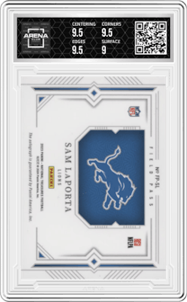 Sam LaPorta from the 2023 Panini National Treasures set graded by Arena Club and given an overall grade of 9.5.