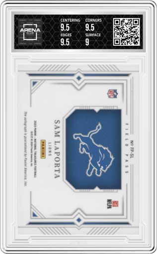 Sam LaPorta from the 2023 Panini National Treasures set graded by Arena Club and given an overall grade of 9.5.