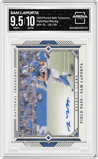 Sam LaPorta from the 2023 Panini National Treasures set graded by Arena Club and given an overall grade of 9.5.