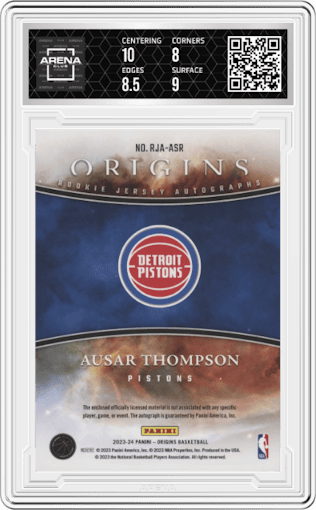 Ausar Thompson from the 2023-24 Panini Origins set featuring a Blue parallel graded by Arena Club and given an overall grade of 8.5.