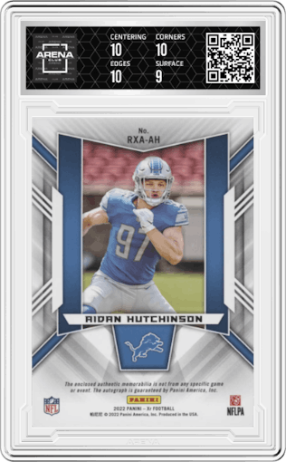 Aidan Hutchinson from the 2022 Panini XR set featuring a Red parallel graded by Arena Club and given an overall grade of 9.5.