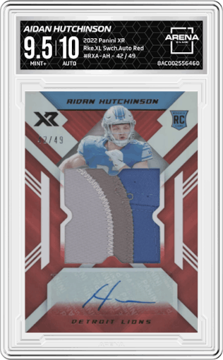 Aidan Hutchinson from the 2022 Panini XR set featuring a Red parallel graded by Arena Club and given an overall grade of 9.5.