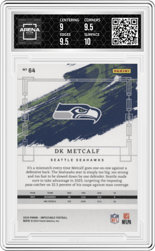 DK Metcalf from the 2024 Panini Impeccable set featuring a Silver parallel graded by Arena Club and given an overall grade of 9.5.