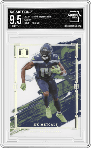 DK Metcalf from the 2024 Panini Impeccable set featuring a Silver parallel graded by Arena Club and given an overall grade of 9.5.