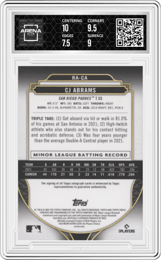 CJ Abrams from the 2022 Bowman Sterling set graded by Arena Club and given an overall grade of 8.