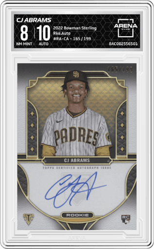 CJ Abrams from the 2022 Bowman Sterling set graded by Arena Club and given an overall grade of 8.