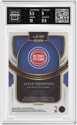 Ausar Thompson from the 2023-24 Panini Select  set featuring a Purple Prizm parallel graded by Arena Club and given an overall grade of 9.5.