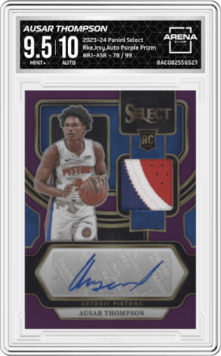 Ausar Thompson from the 2023-24 Panini Select  set featuring a Purple Prizm parallel graded by Arena Club and given an overall grade of 9.5.