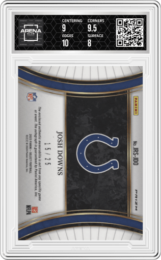 Josh Downs from the 2023 Panini Select set featuring a Tie-Dye Prizm parallel graded by Arena Club and given an overall grade of 8.5.