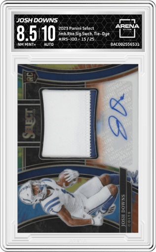 Josh Downs from the 2023 Panini Select set featuring a Tie-Dye Prizm parallel graded by Arena Club and given an overall grade of 8.5.