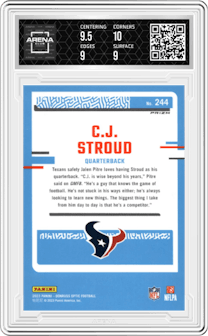 C.J. Stroud from the 2023 Donruss Optic set featuring a Stars parallel graded by Arena Club and given an overall grade of 9.5.