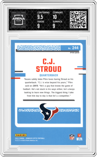 C.J. Stroud from the 2023 Donruss Optic set featuring a Stars parallel graded by Arena Club and given an overall grade of 9.5.