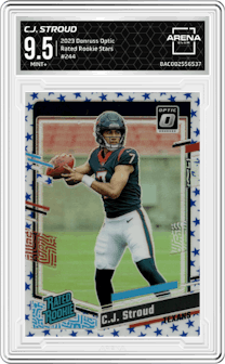 C.J. Stroud from the 2023 Donruss Optic set featuring a Stars parallel graded by Arena Club and given an overall grade of 9.5.