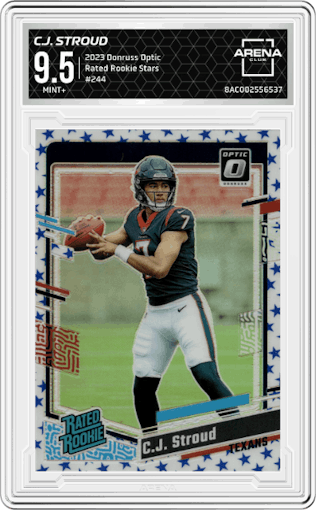 C.J. Stroud from the 2023 Donruss Optic set featuring a Stars parallel graded by Arena Club and given an overall grade of 9.5.