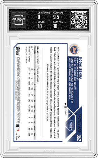 Kodai Senga from the 2023 Topps Series 2 set featuring a Gold parallel graded by Arena Club and given an overall grade of 9.5.