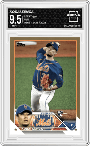 Kodai Senga from the 2023 Topps Series 2 set featuring a Gold parallel graded by Arena Club and given an overall grade of 9.5.