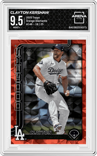 Clayton Kershaw from the 2025 Topps set featuring a Orange Diamante parallel graded by Arena Club and given an overall grade of 9.5.